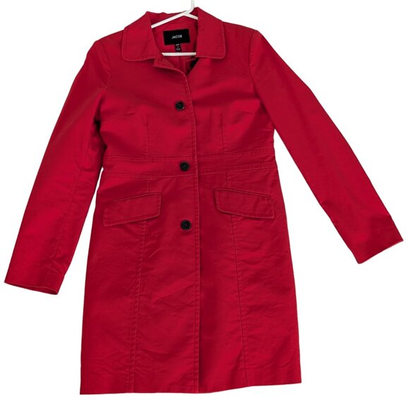 JACOB Long Red Trench Coat Button Up with Faux Pockets Women's Size M - Picture 2 of 13